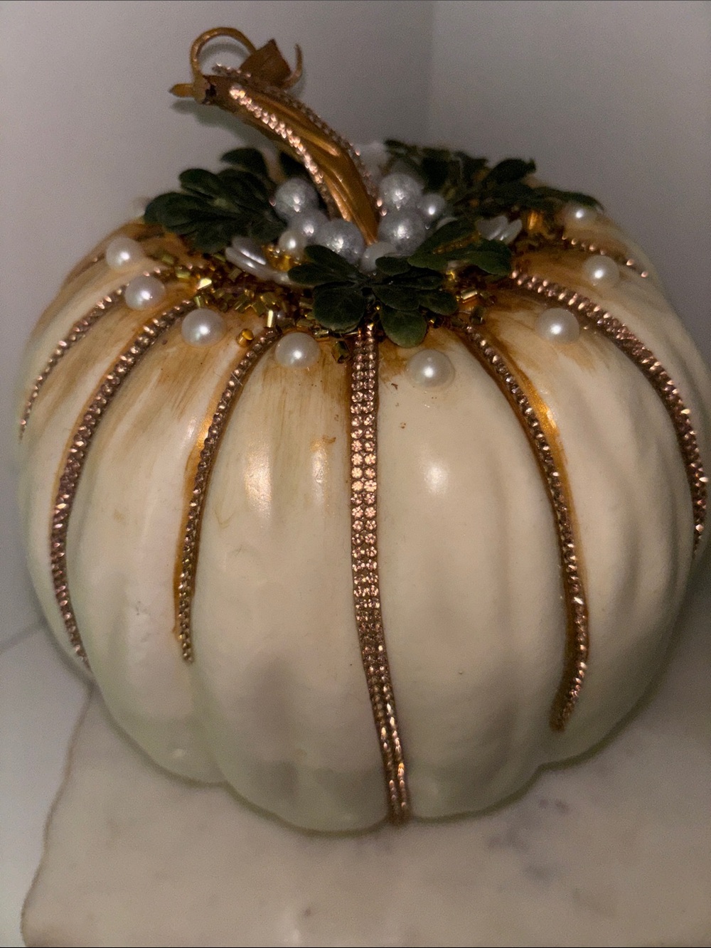Elegant Cream Decorative Pumpkin with Gold rhinestone Accents and pearls
